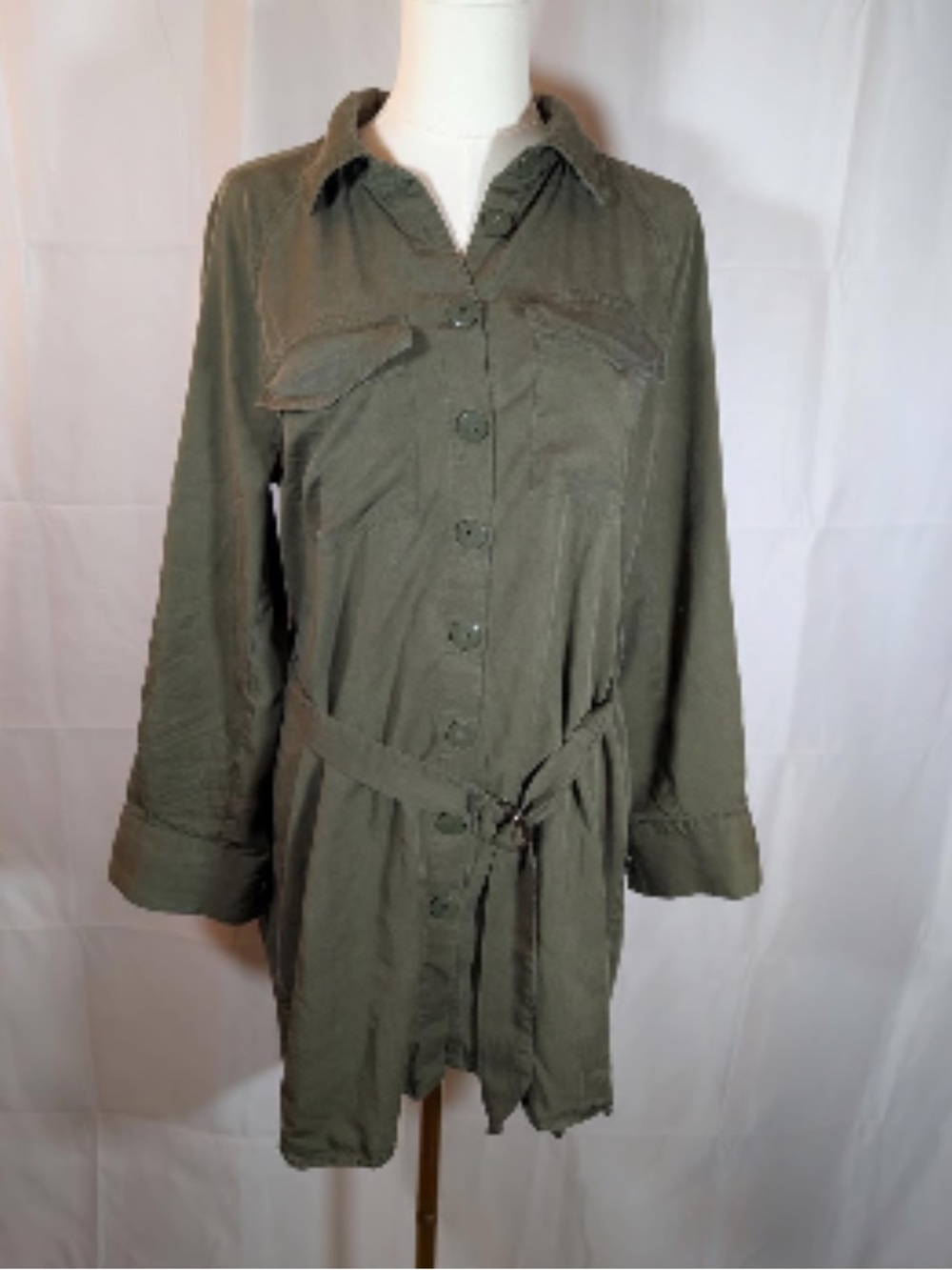 Topshop Olive Green Long Sleeve Belted Shirt Dress